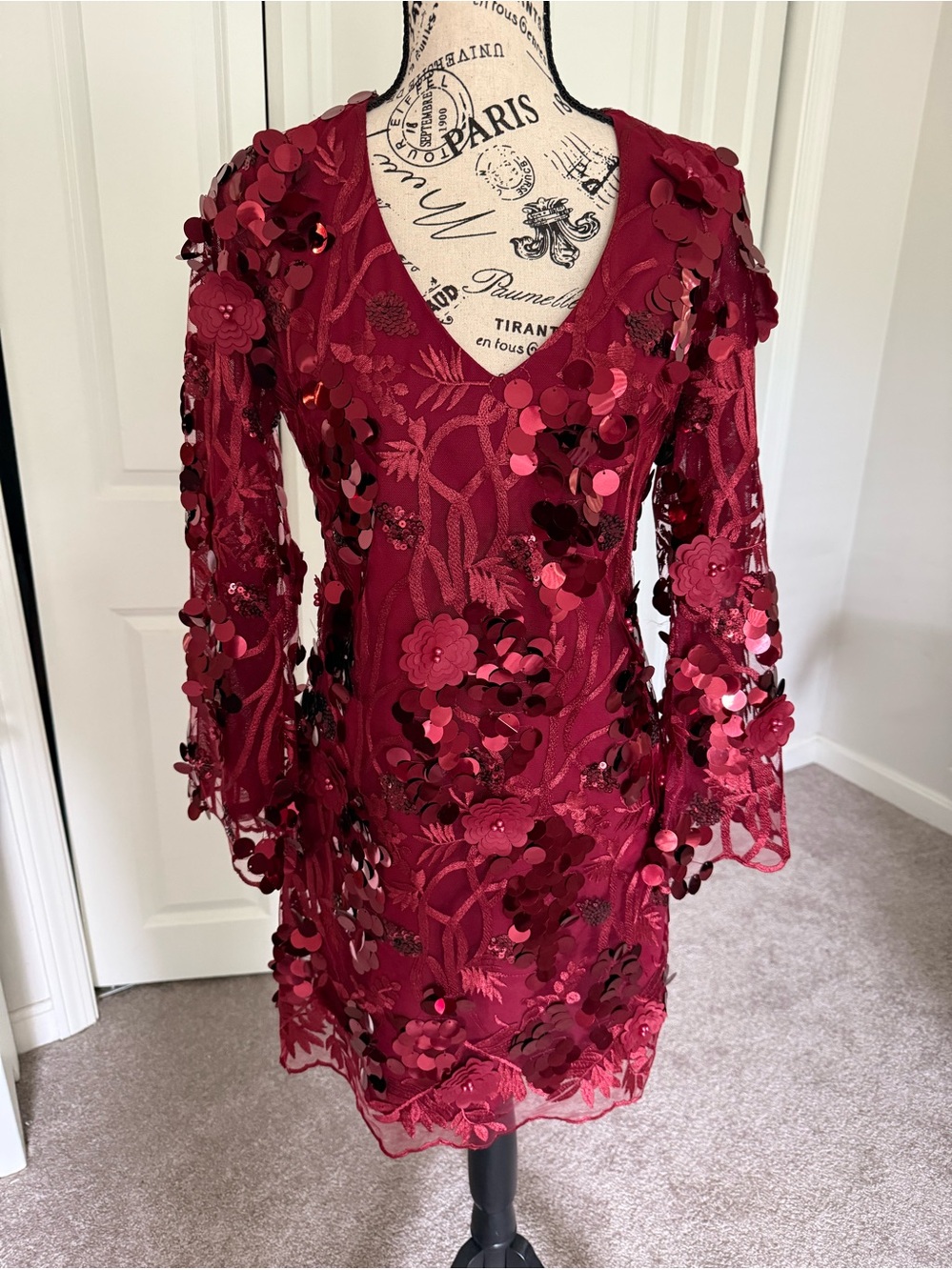 Red sequined floral dress